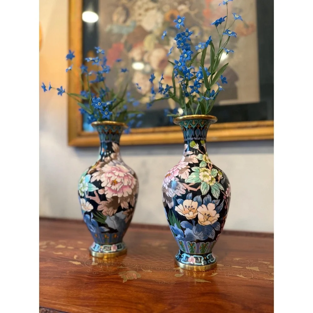 Vintage Cloisonné Peony Vase Pair‎ - 10.25